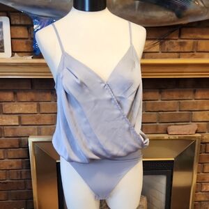 Express NWT Grey Satin Spaghetti Strap Bodysuit Size Medium Wrap Front Layering